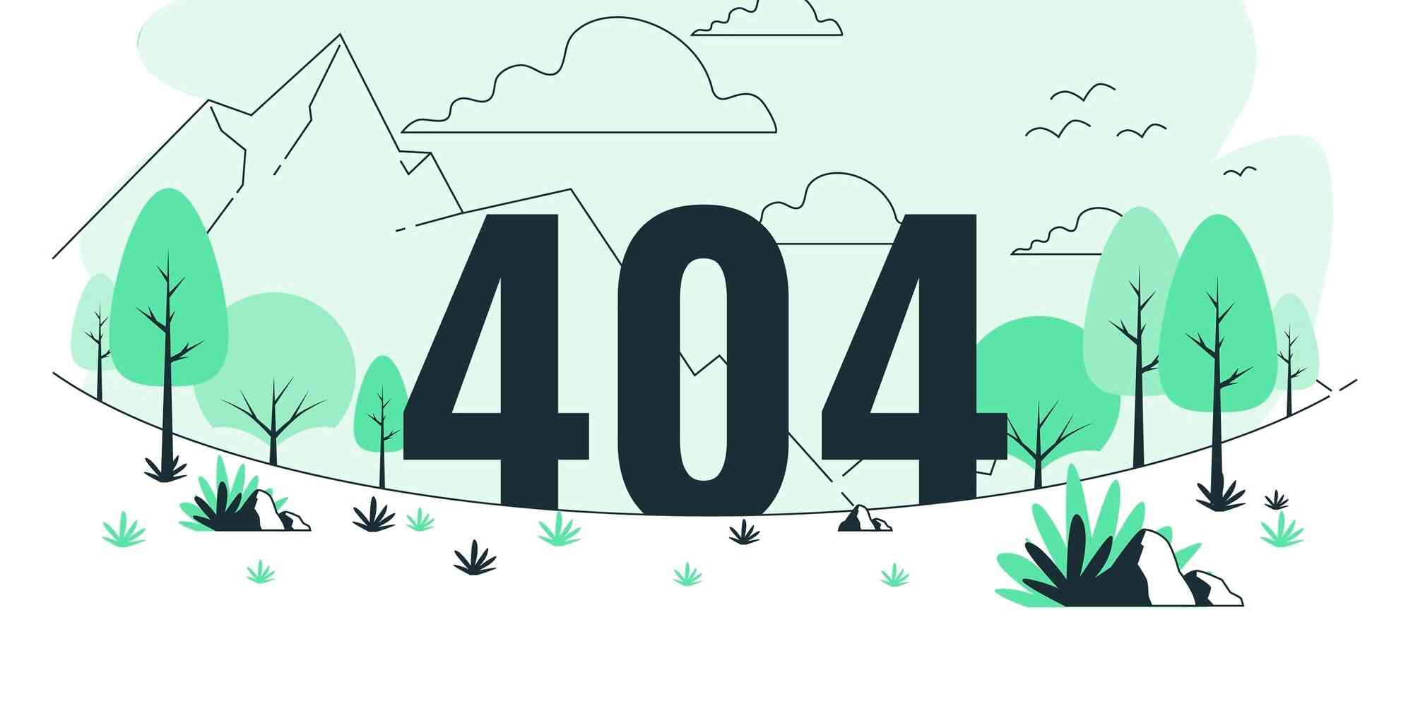 一个404的页面，背景是山林中的树木和鸟儿。