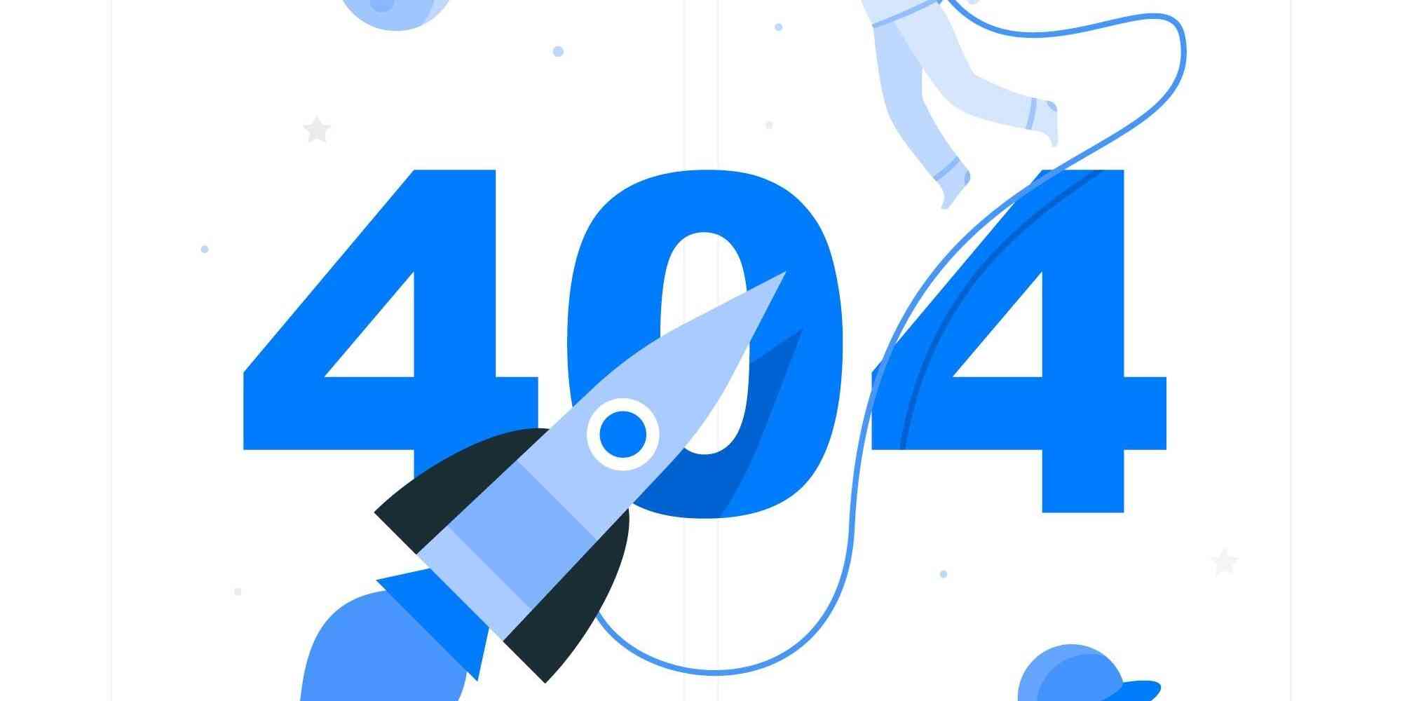 一个404的页面，其中包含一个蓝色的火箭和一些其他的设计元素。