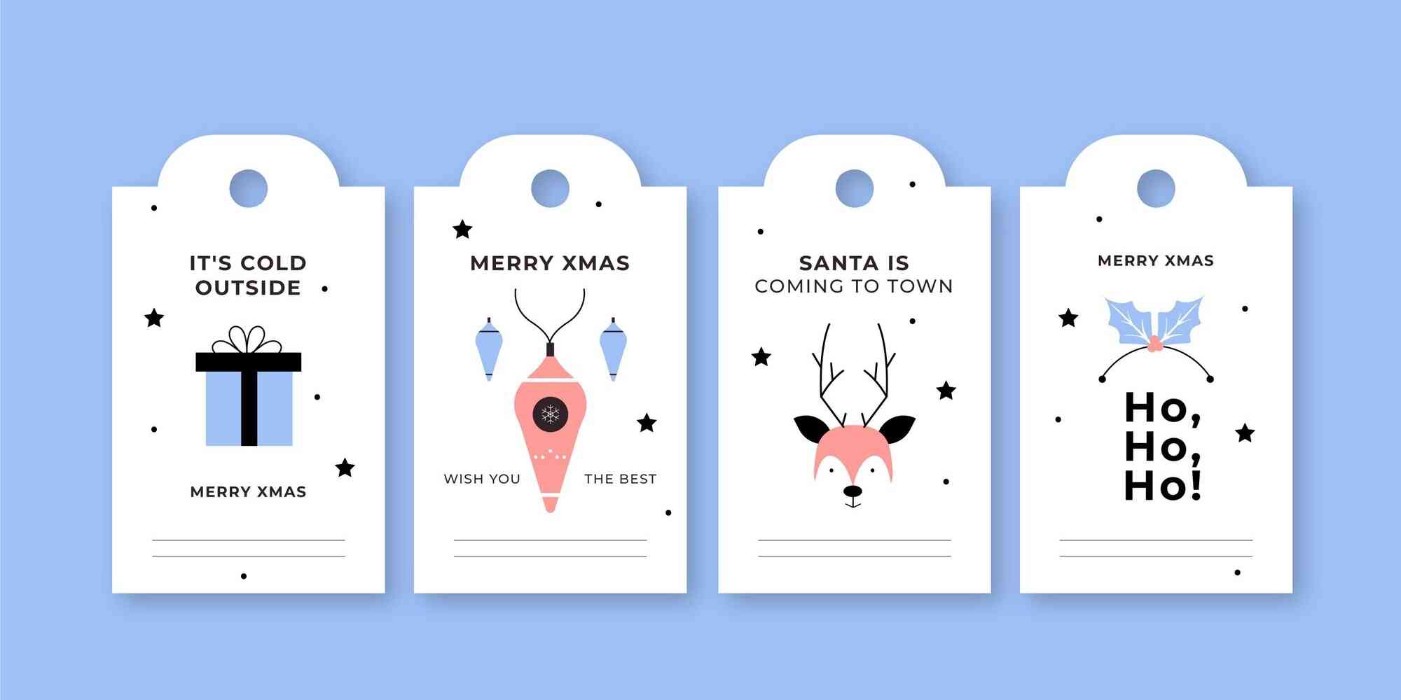 图中画了4个白色的标签，上面写有圣诞节相关的祝福语，具体包括“Merry Xmas”、“Santa is coming to town”、“Ho, Ho, Ho”、“Wish you the best”。