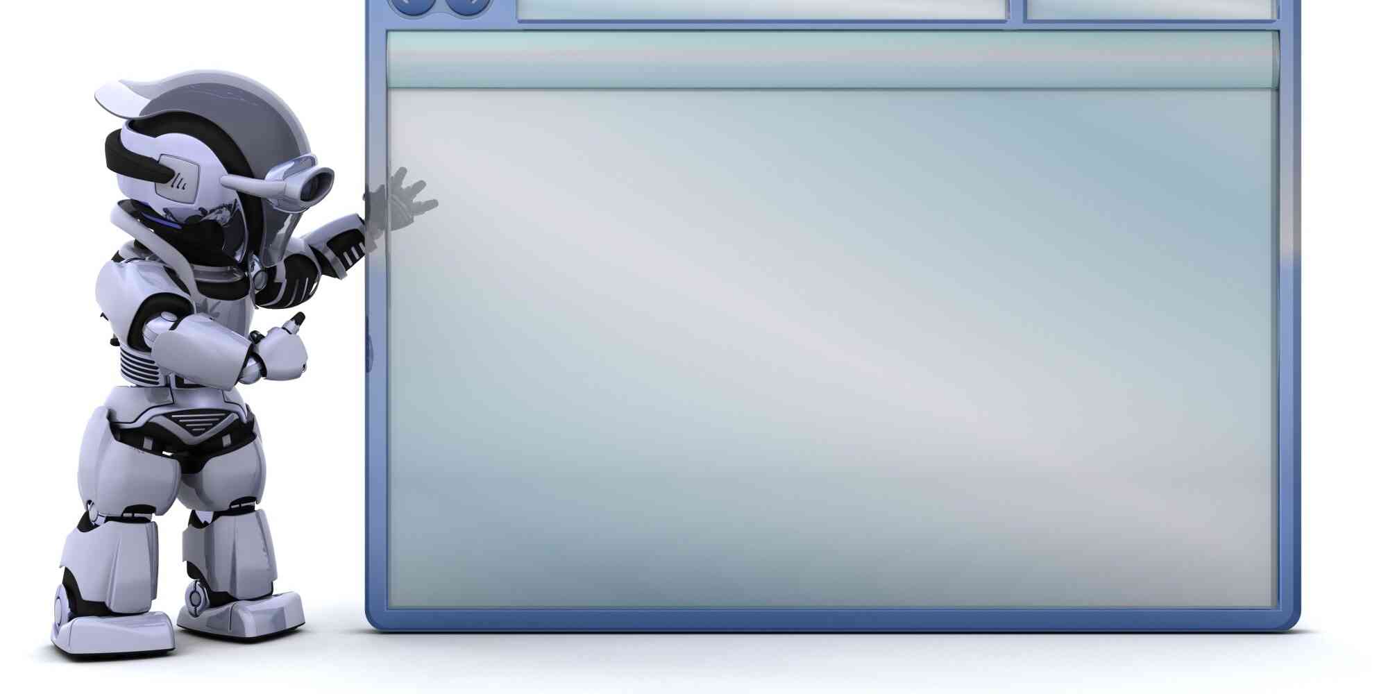 一个机器人站在一个大空白屏幕旁边，这个屏幕可以看作是互联网的象征。