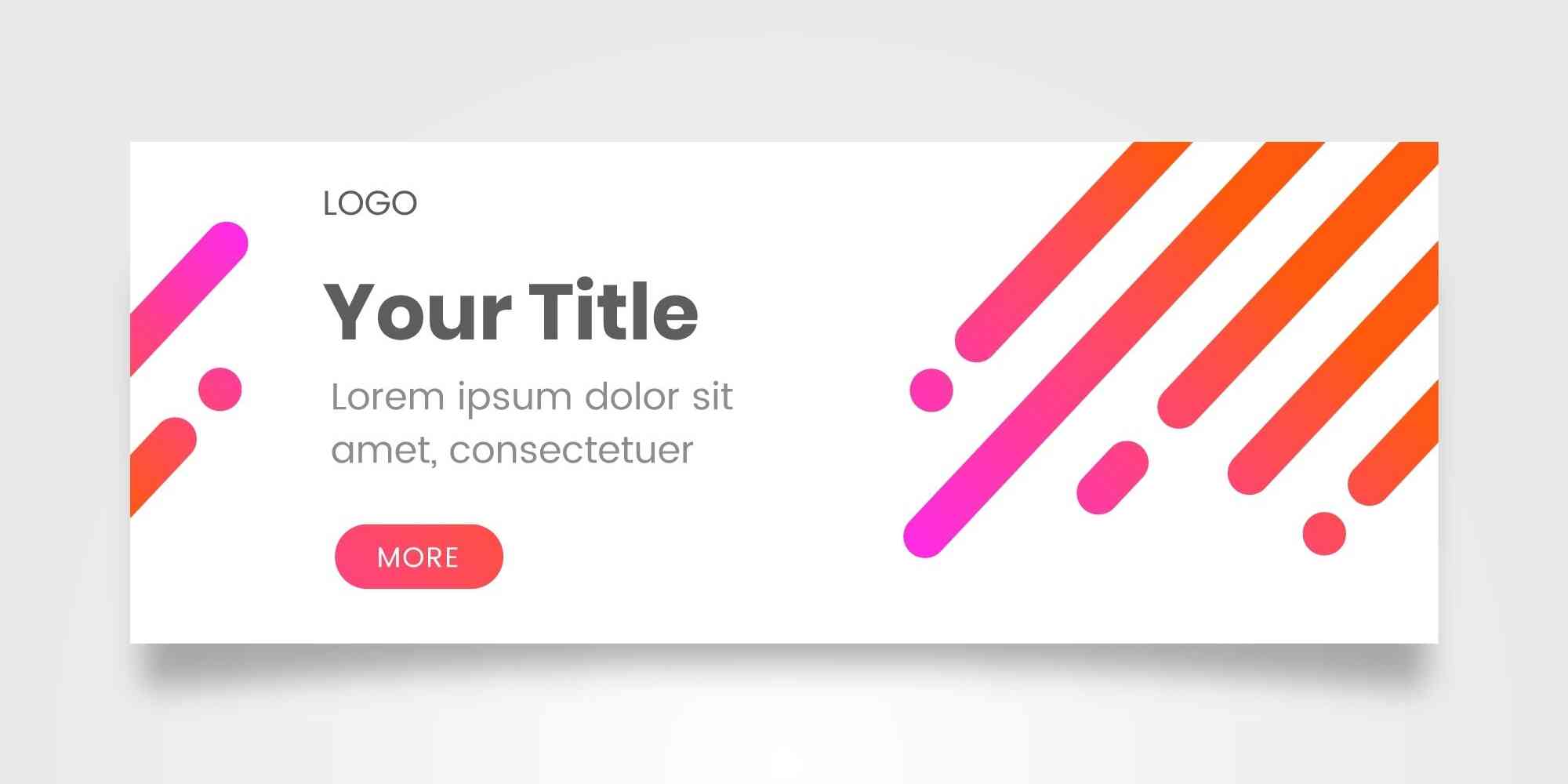 图中是一个宽幅的白色背景，上面有橙色和粉色的斜线图案，中间是黑色字体Your Title，下方是红色按钮MORE。