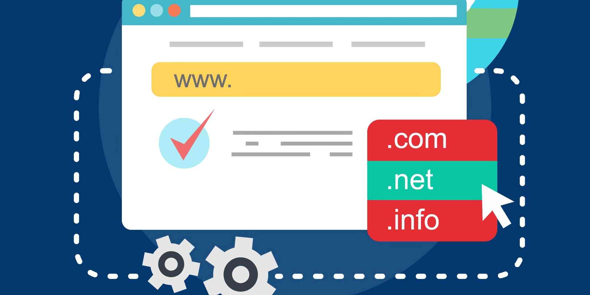 是一个图形插图，似乎描绘了一个网络浏览器界面，在地址栏中输入了一个域名，并伴有一个批准的复选标记和不同域名扩展名的选项，如 .com、.net 和 .info。这种图像通常用来表示网站域名的选择。在搜索引擎优化（SEO）的背景下，域名及其扩展名的选择会对网站的品牌塑造、可记忆性、潜在可信度和国际影响力产生影响。域名标准化可以指确保在各种营销材料和在线展示中一致使用域名的做法，这可能会影响搜索引擎对网站的索引和排名。