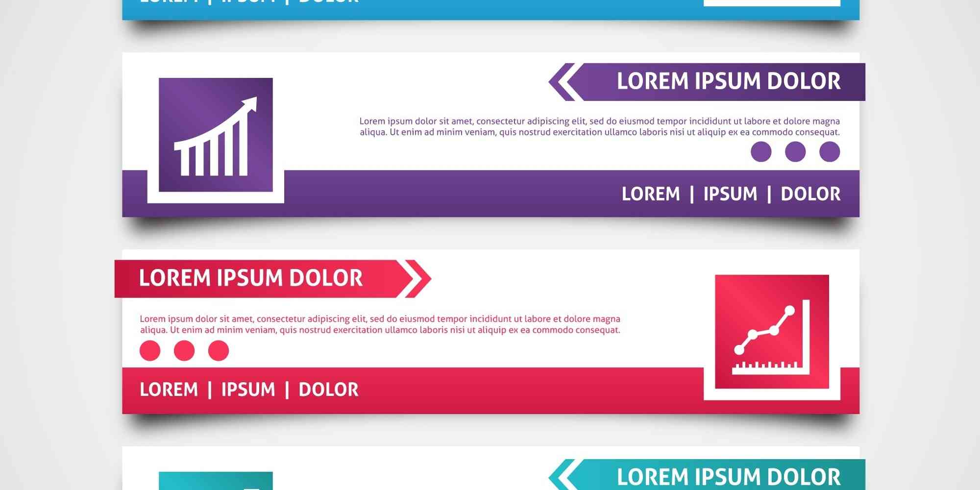 图中包含6个不同颜色的网站横幅，上面有LOREM IPSUM DOLOR这些文字。