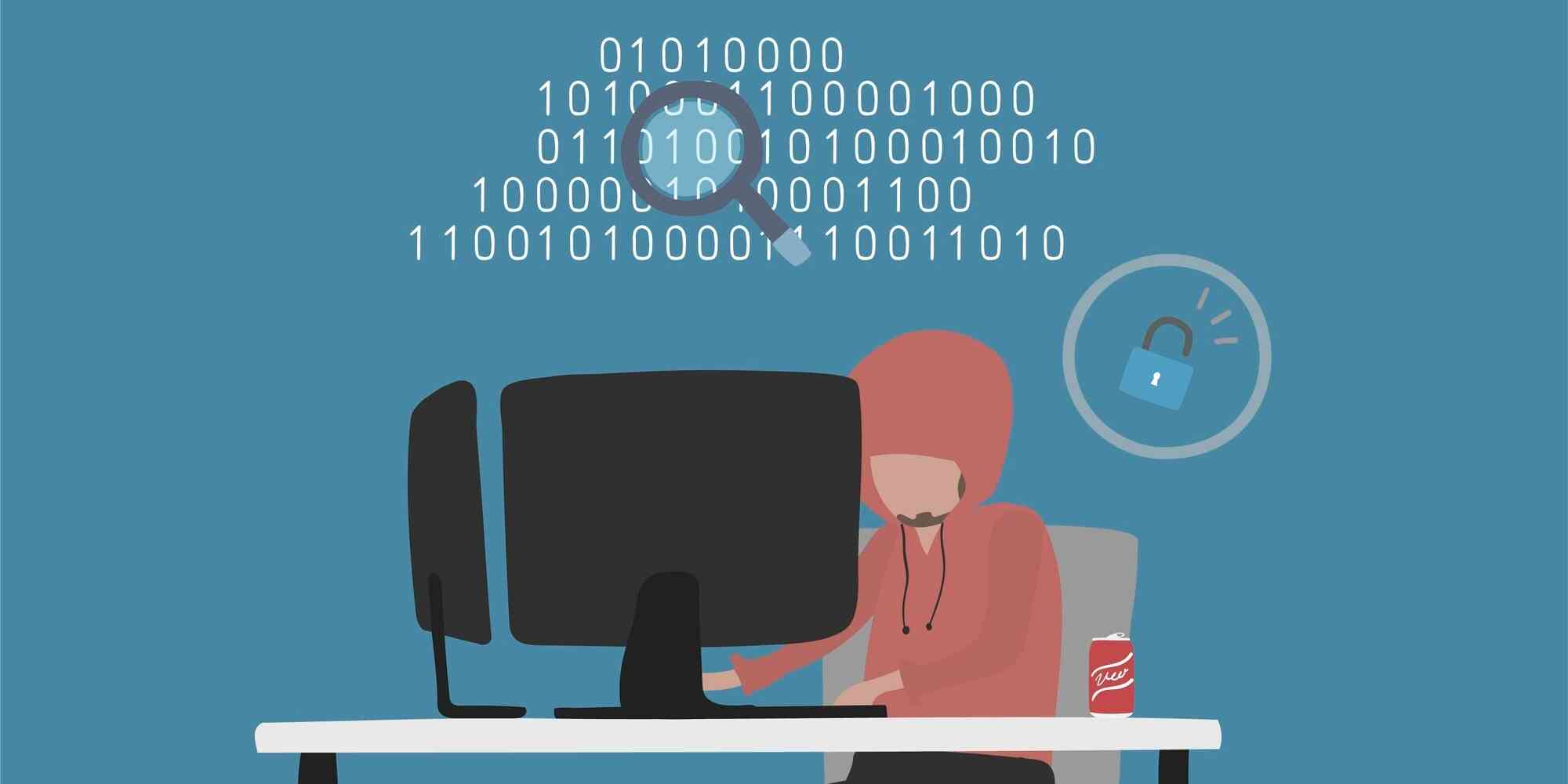 一个穿红衣服的人坐在电脑前，电脑屏幕是黑色的。在电脑屏幕上有一些二进制代码和一个锁的图标。