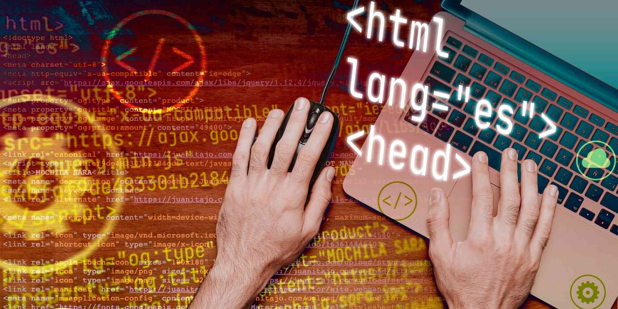 一台笔记本电脑，屏幕上有一段HTML代码，一个手正在使用鼠标，另一个手正在键盘上打字。