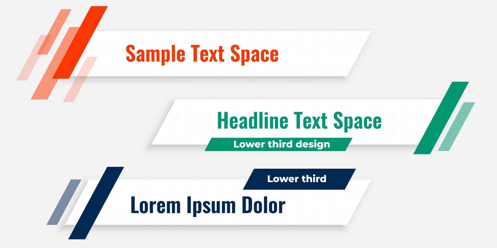 三个文本框，它们分别标注为"Sample Text Space"、"Headline Text Space"和"Lower third design"。每个文本框都有不同的颜色背景，分别是橙色、绿色和白色。在这些文本框中，还包含了一些示例文字，如"Lorem Ipsum dolor"。