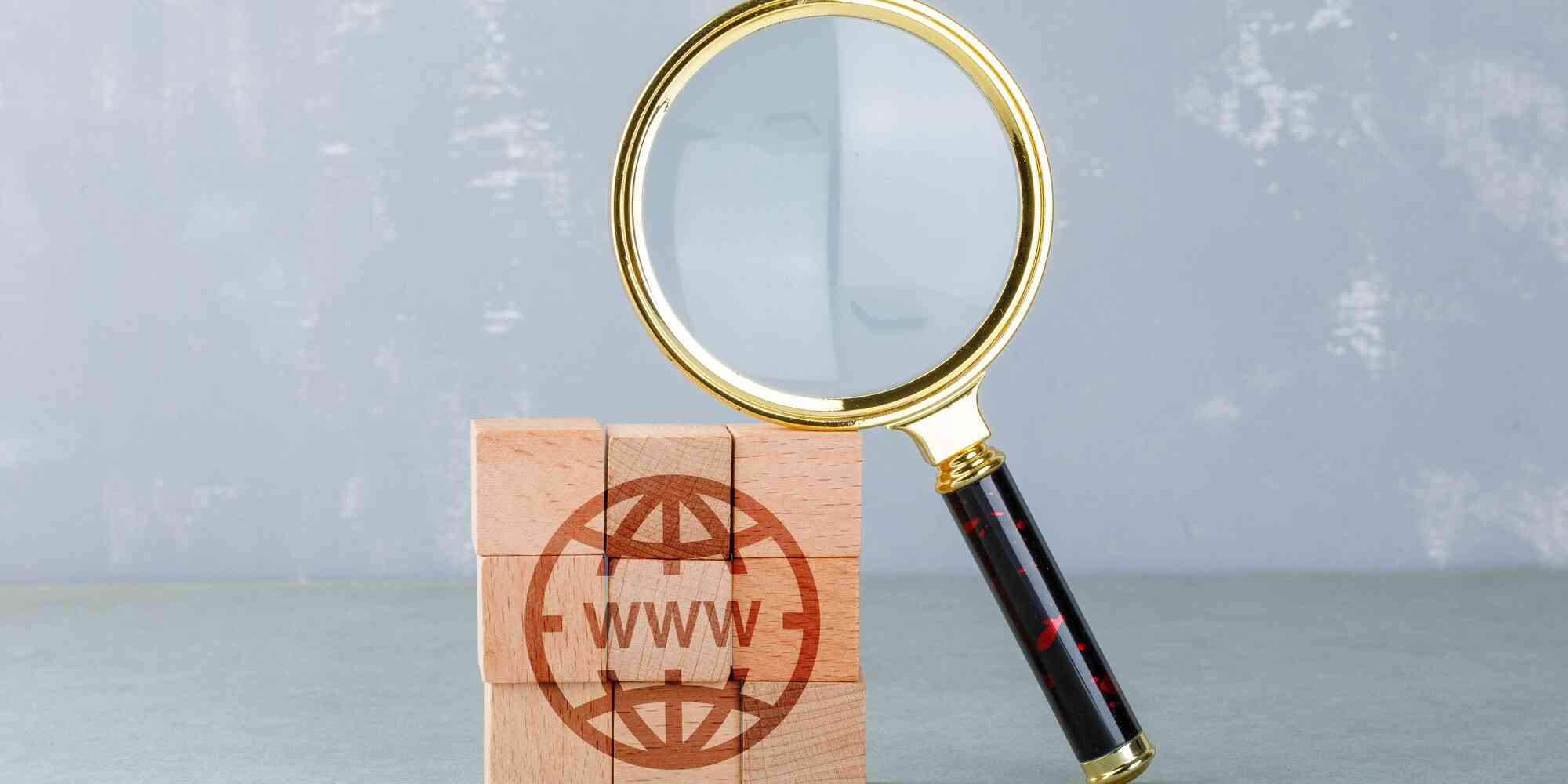 一个放大镜聚焦在一个木块上，木块上有一个通常与万维网相关的 "www "符号。这类图像通常用来表示对网域或在线内容的检查或分析，可能是在搜索引擎优化（SEO）的背景下。 搜索引擎优化中的 "域名权重 "概念是指预测网站在搜索引擎结果页面（SERP）上排名的得分。该分值基于多个因素，包括链接根域和总链接数，最终形成一个单一的域权威分值。这种可视化显示了网站在数字空间中的可信度和影响力。