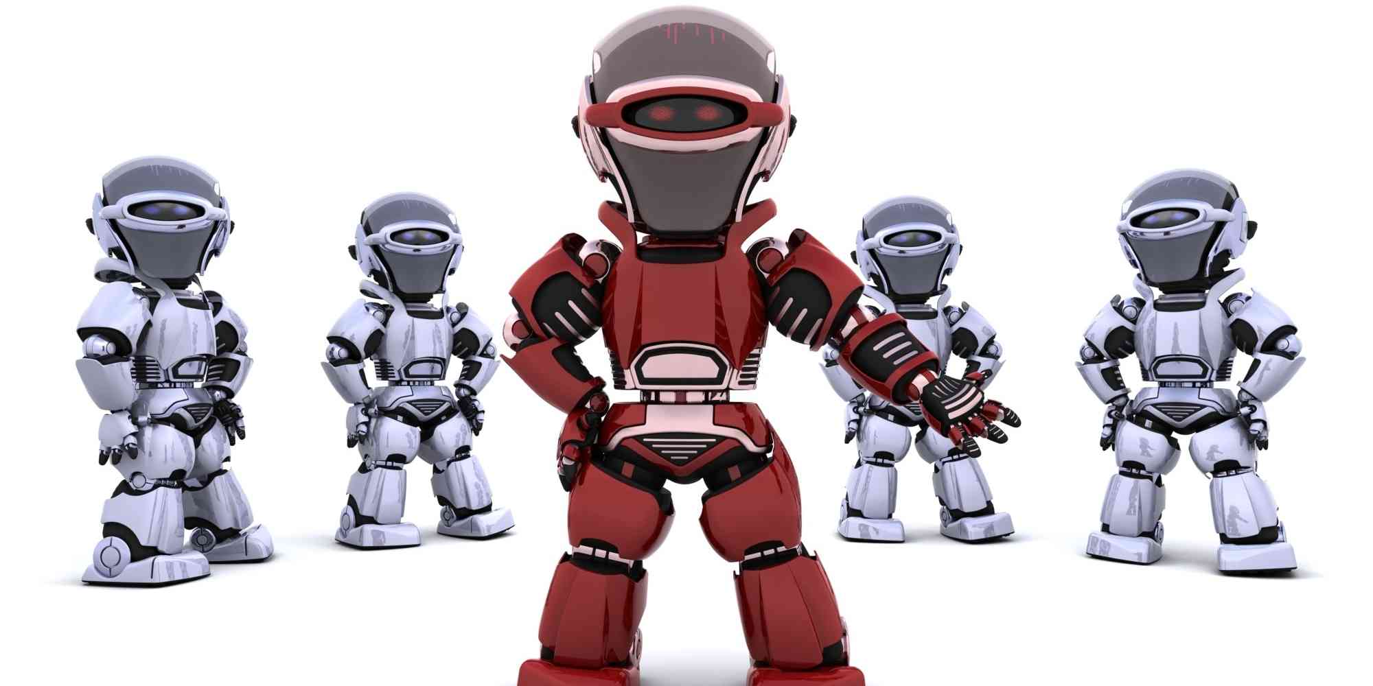 红色机器人站在白色背景前，周围是一群穿着不同颜色衣服的机器人。他们一起站成一排，似乎正在讨论什么重要事情。红色机器人似乎是领导或领袖的角色，而其他机器人则围绕着它转圈。这场景充满了神秘和令人兴奋的感觉。