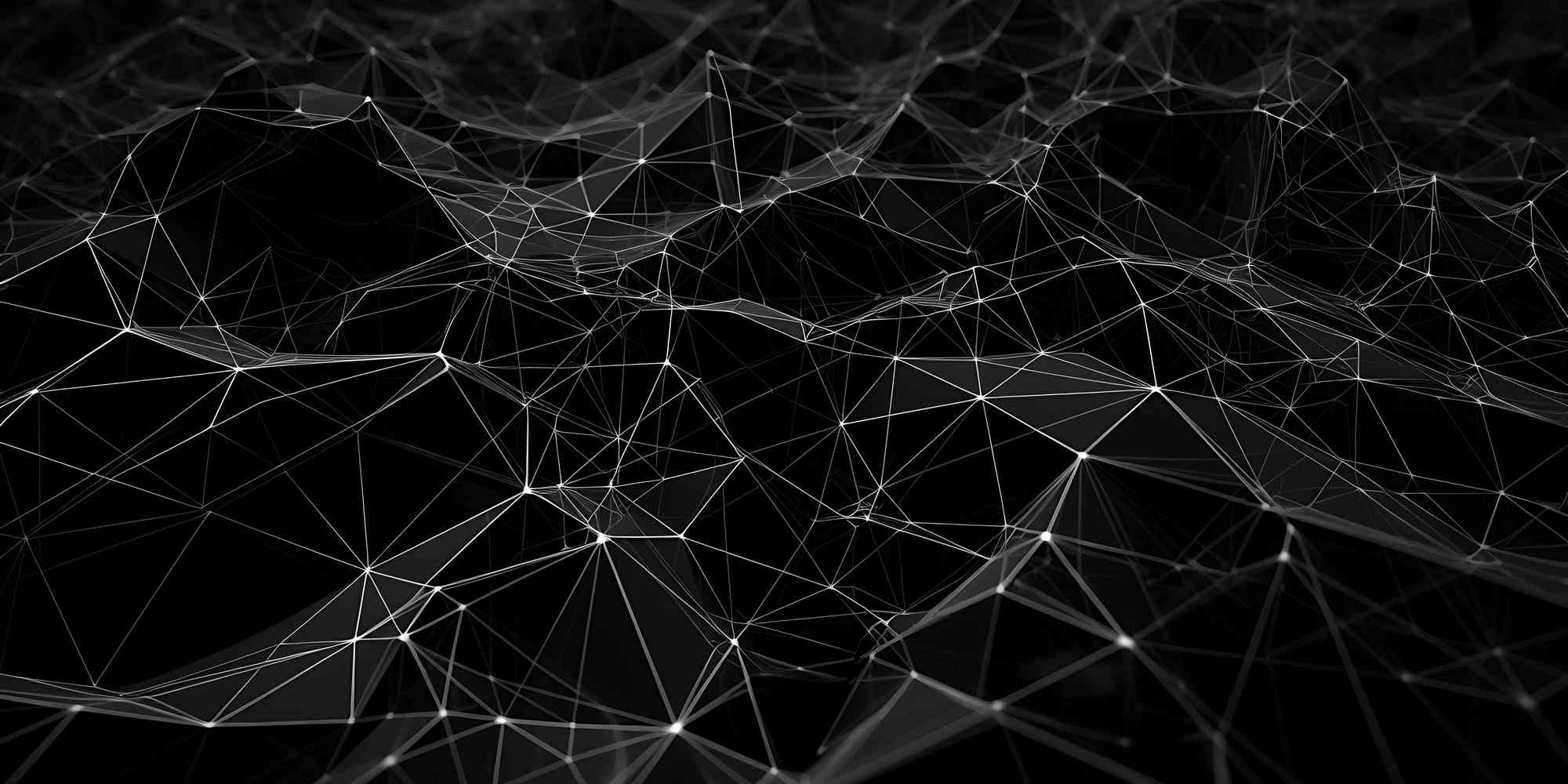 一个黑暗的背景，上面有连接线和点。这些线和点有些是白色的，有些是灰色的。整个图案看起来像一张蜘蛛网或一个由线构成的网络。