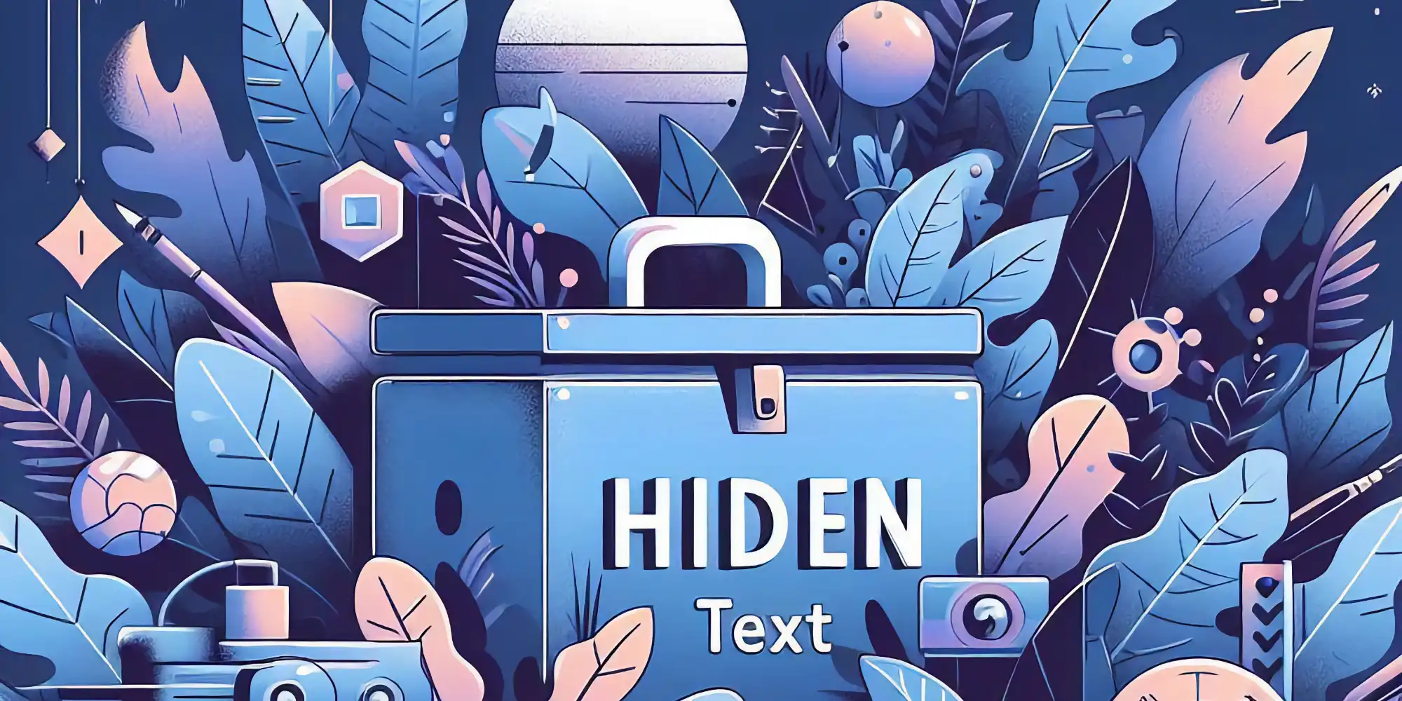 一个蓝色的箱子，周围环绕着各种抽象和几何形状的植物和元素。箱子上写着“HIDEN Text”。