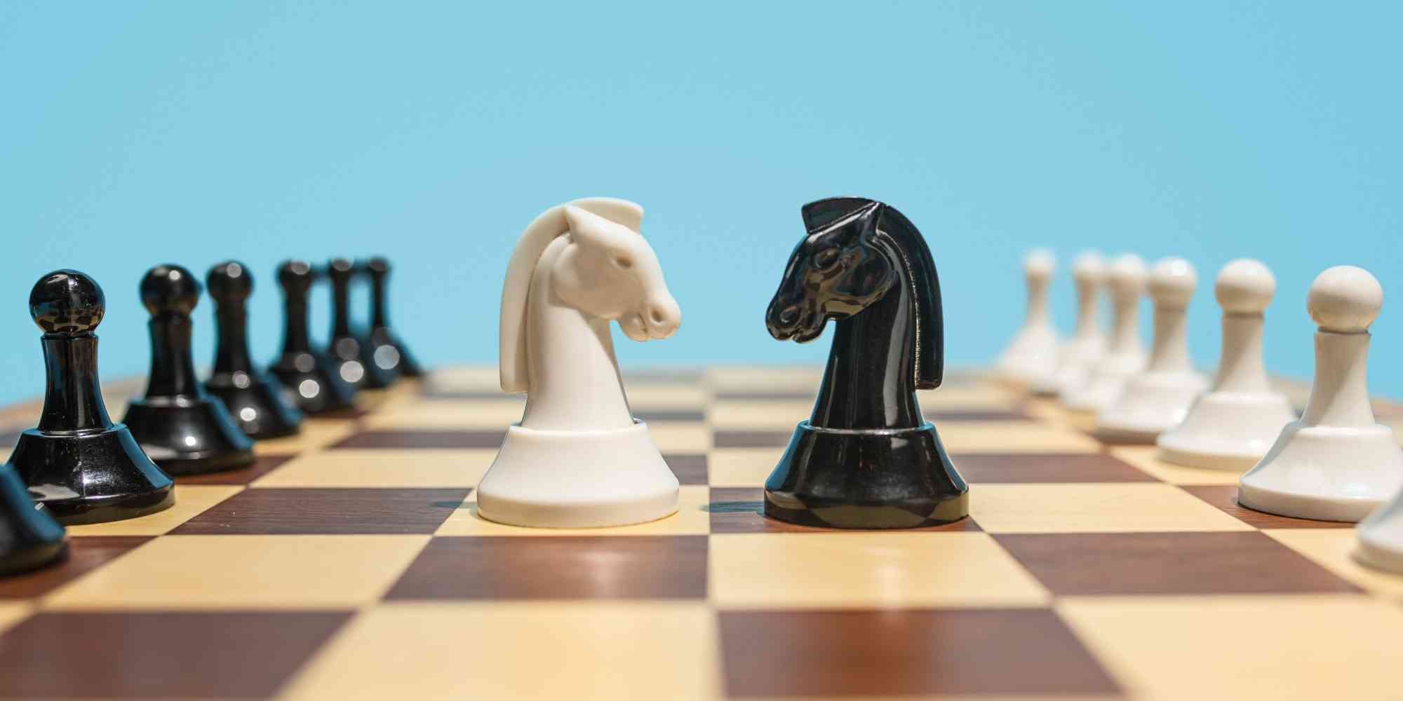 象棋是一幅棋盘，棋子黑白两色。马和象在棋盘上漫步，似乎准备挑战对方的王座。黑象站在白象的左边，似乎在暗示着它的力量与实力。然而，这只是一个短暂的瞬间，它们最终将面对一场决斗。