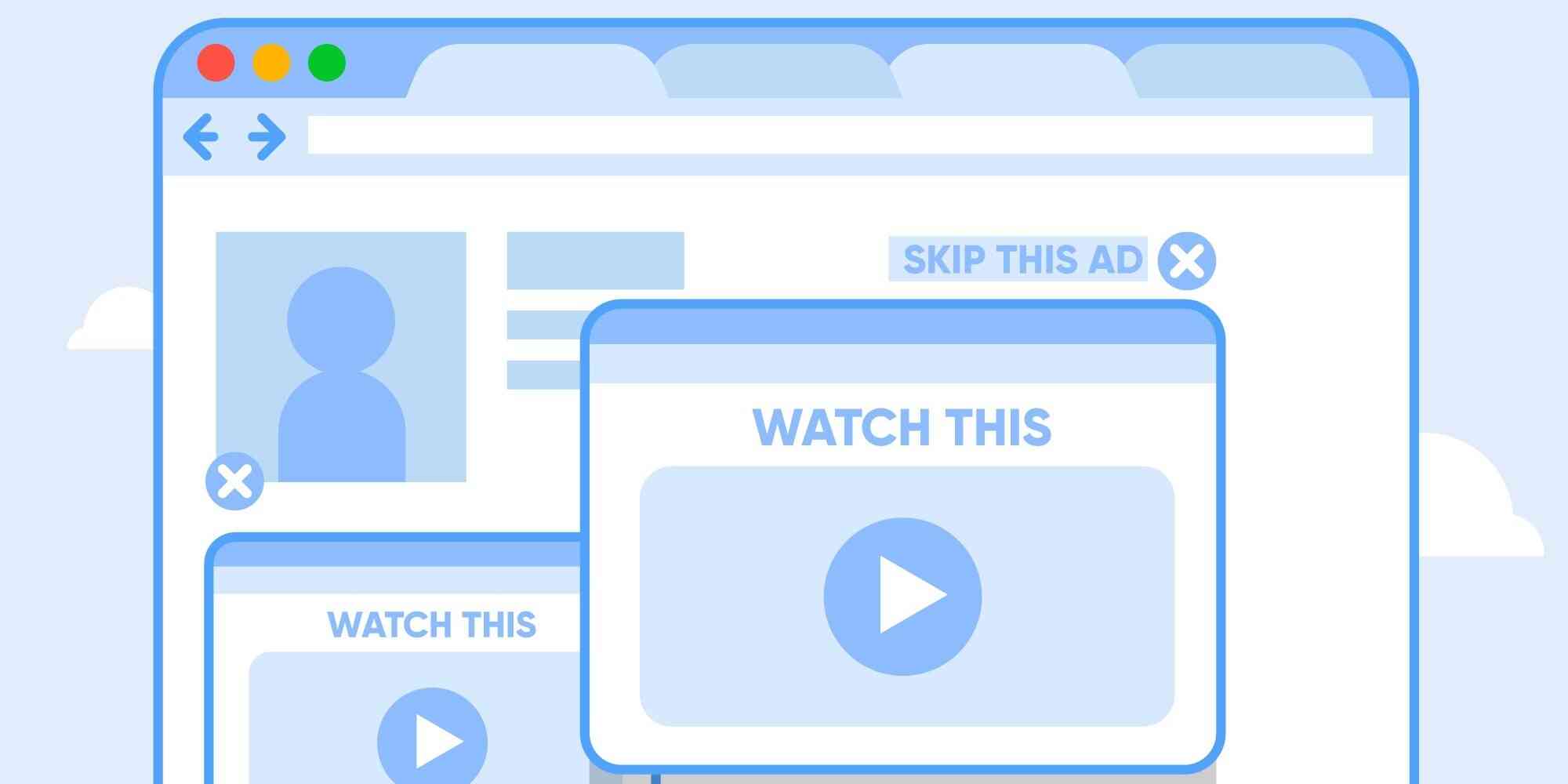 屏幕上显示着两个广告，一个跳过的广告和一个观看的视频。视频内容未知，可能是一段广告或者娱乐节目的片段。