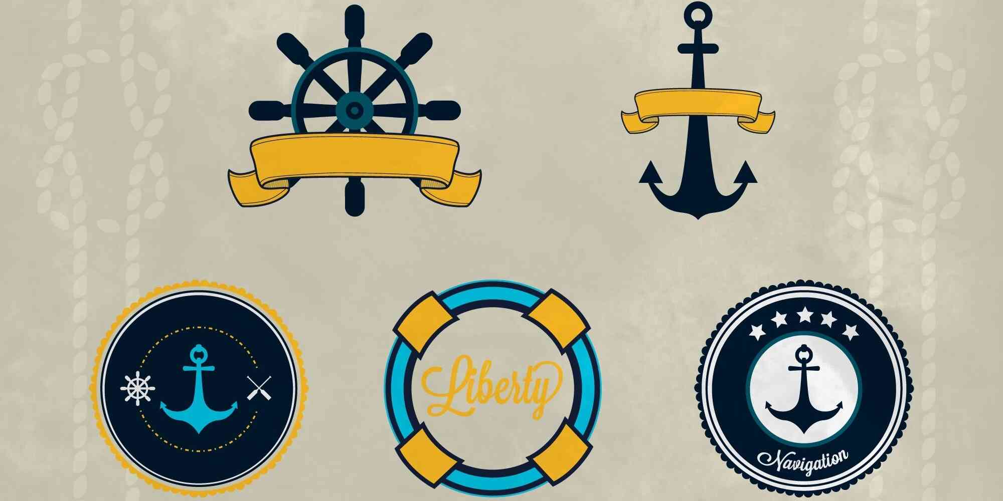 锚标志、船舵和桨的标志组合在一起，形成了一个独特的海洋主题图案。它们代表着航海和航行的重要角色，象征着冒险与探索的精神。这些元素交织在一起，展现出一种强烈的生命力，让人们感受到大海的神秘魅力。